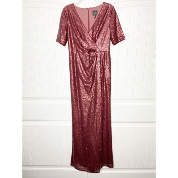 Adrianna Papell Dress Burgundy Maroon Ruby Sequin Short Sleeve Surplice 10 - Picture 3 of 7
